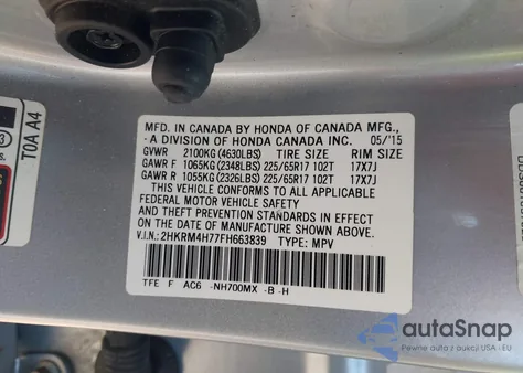 2015 Honda Cr-V Ex-L z USA, uszkodzony, nr VIN 2HKRM4H77FH663839